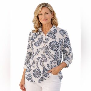 Charter Club Weekend Linen Paisley Button Down Blouse XL Gold Button Lightweight